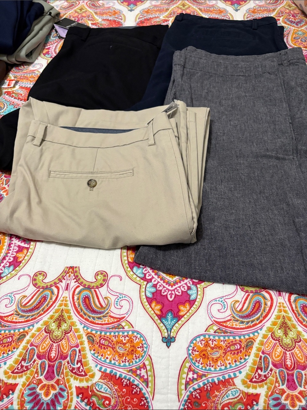 Bundle of 4 pairs of Old Navy khakis in navy, black, gray blue, khaki